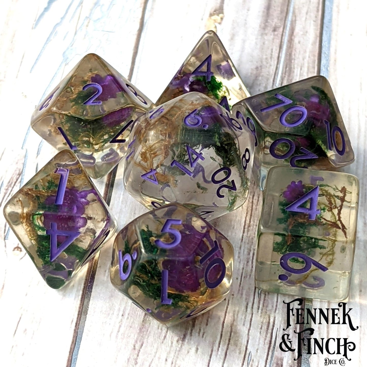 Purple Flower and Moss - 7 - Piece Dice Set - The Fourth Place