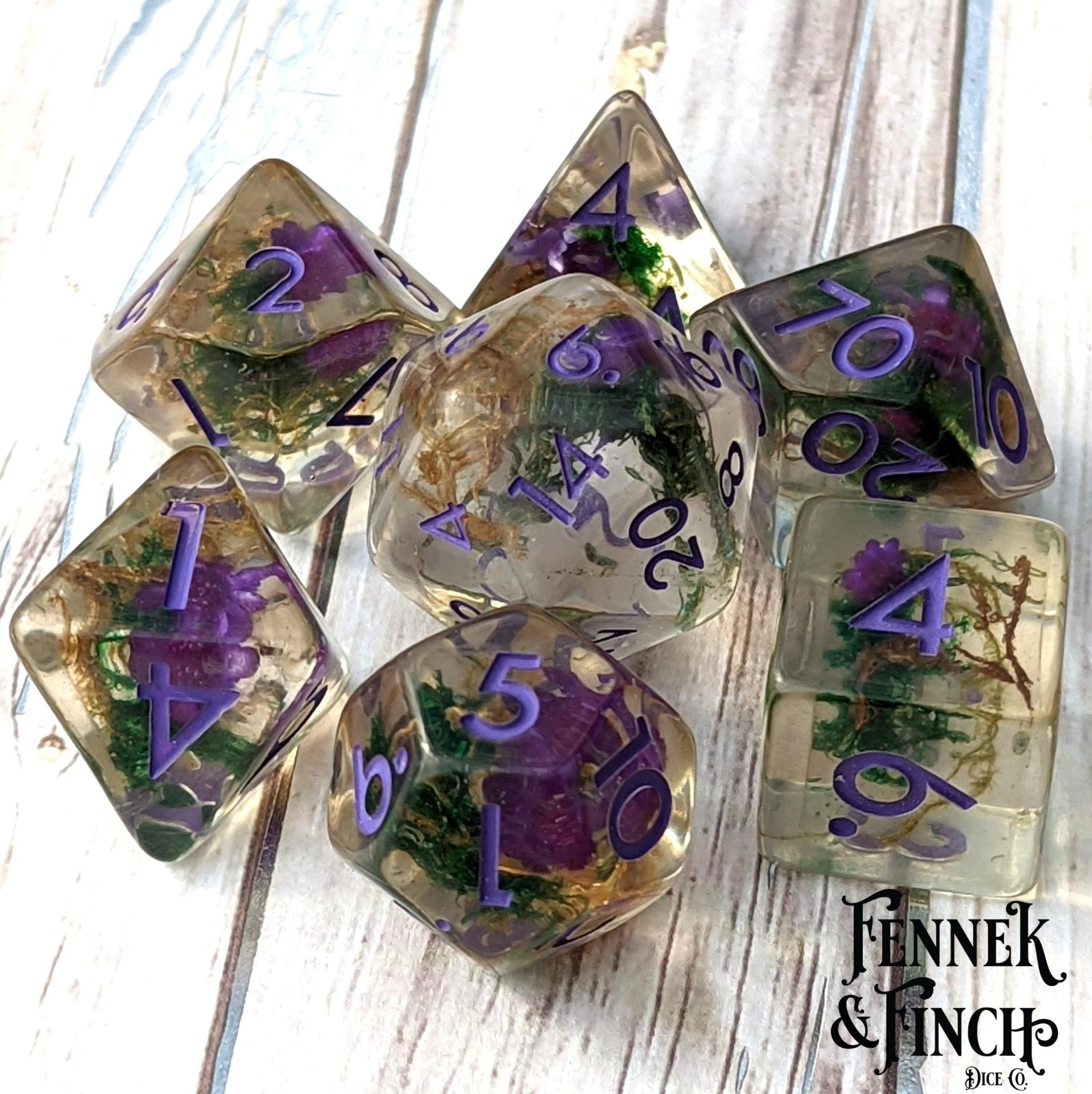 Purple Flower and Moss - 7 - Piece Dice Set - The Fourth Place