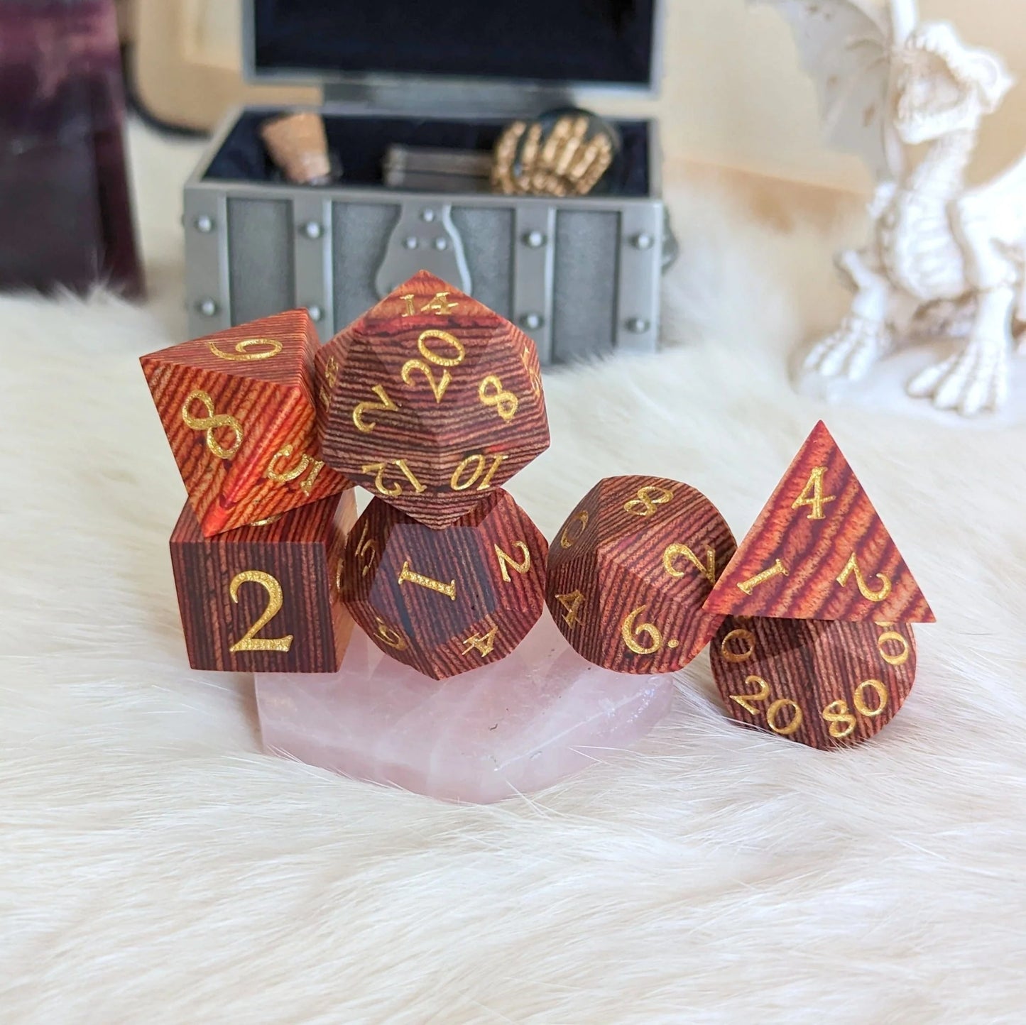 Red and Brown Stripe - 7-Piece Layered Wood Dice Set