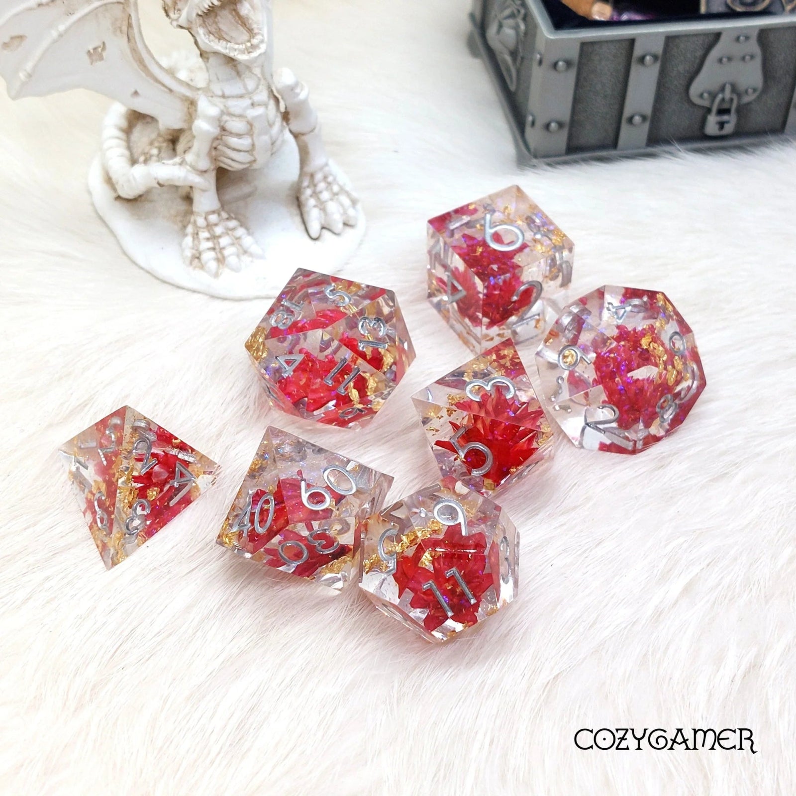 Red Flower and Gold Resin Dice Set - 7 Piece - The Fourth Place