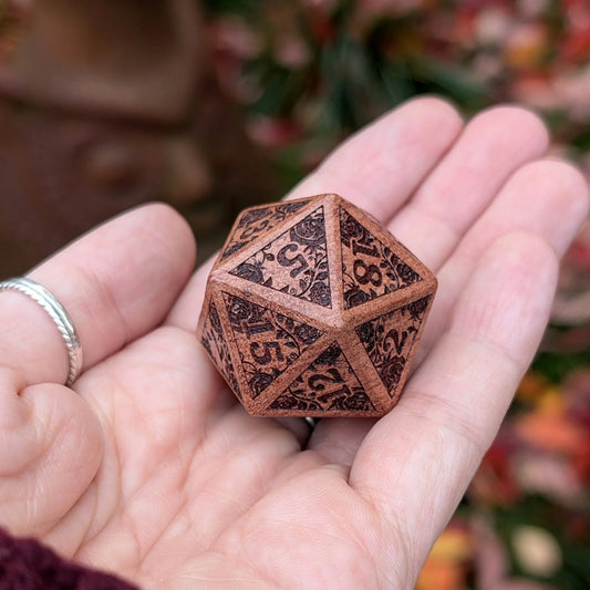 Rose Wood w/ Rose Vines & Blossoms - Large Wooden D20