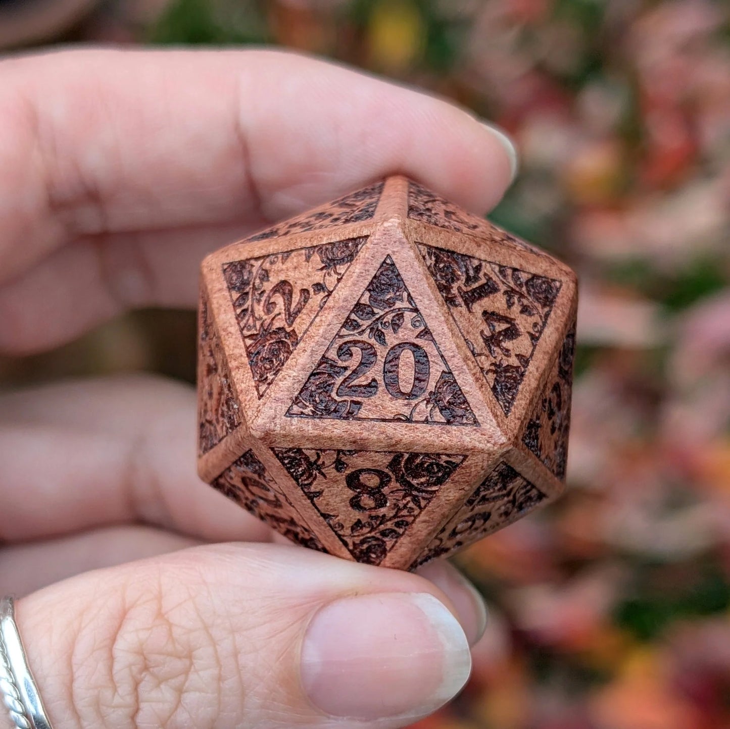 Rose Wood w/ Rose Vines & Blossoms - Large Wooden D20
