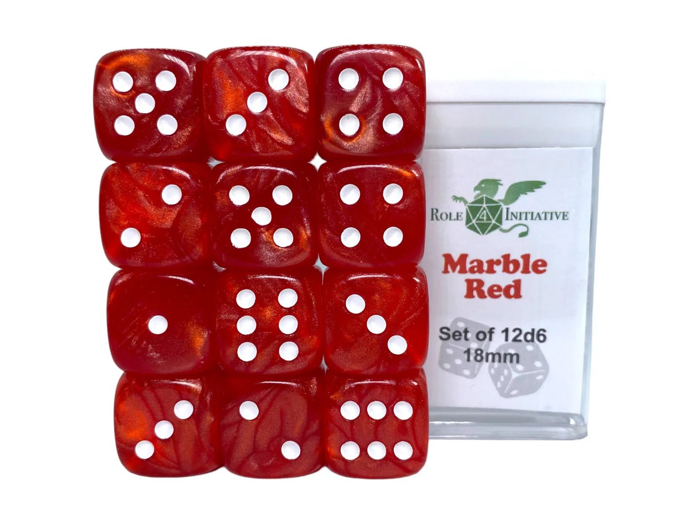 Set of 12d6 pip (18mm): Marble Red w/ White - The Fourth Place