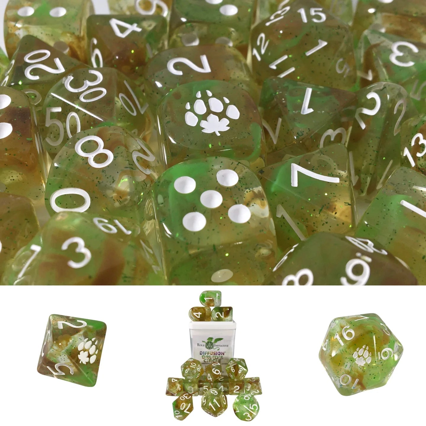 Set of 15 dice w/ Arch'd4: Druid's Circle w/ symbol - The Fourth Place