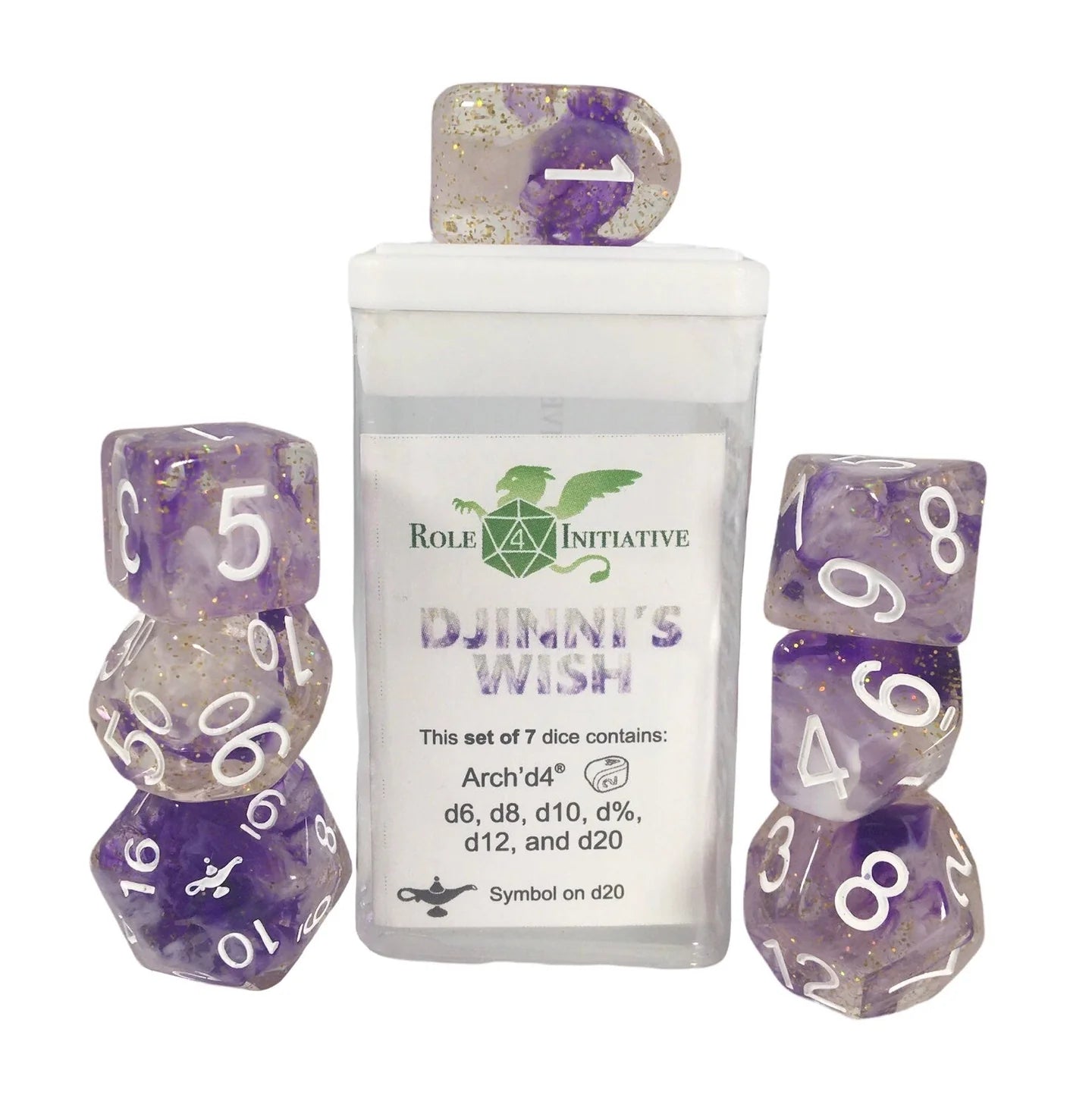 Set of 7 Dice w/ Arch'd4: Diffusion Djinni's Wish w/ symbol - The Fourth Place
