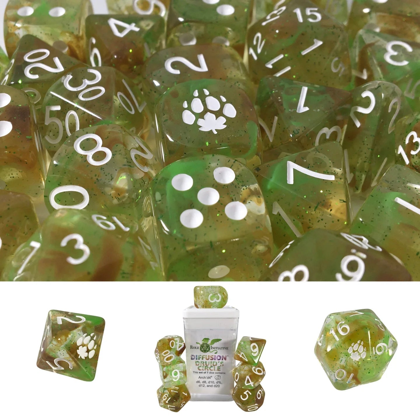 Set of 7 dice w/ Arch'd4: Druid's Circle w/ symbol - The Fourth Place