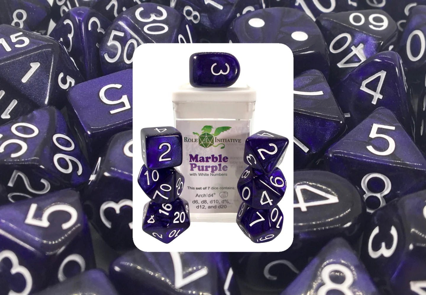 Set of 7 dice w/ Arch'd4: Marble Purple - The Fourth Place