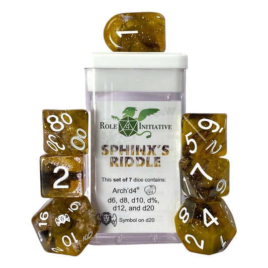 Set of 7 dice w/ Arch'd4: Sphinx's Riddle w/ symbol - The Fourth Place