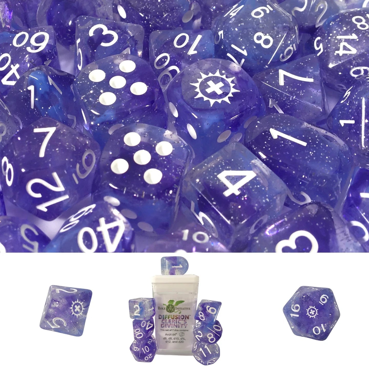 Set of 7 dice w/Arch'd4: Cleric's Divinity w/ symbol - The Fourth Place