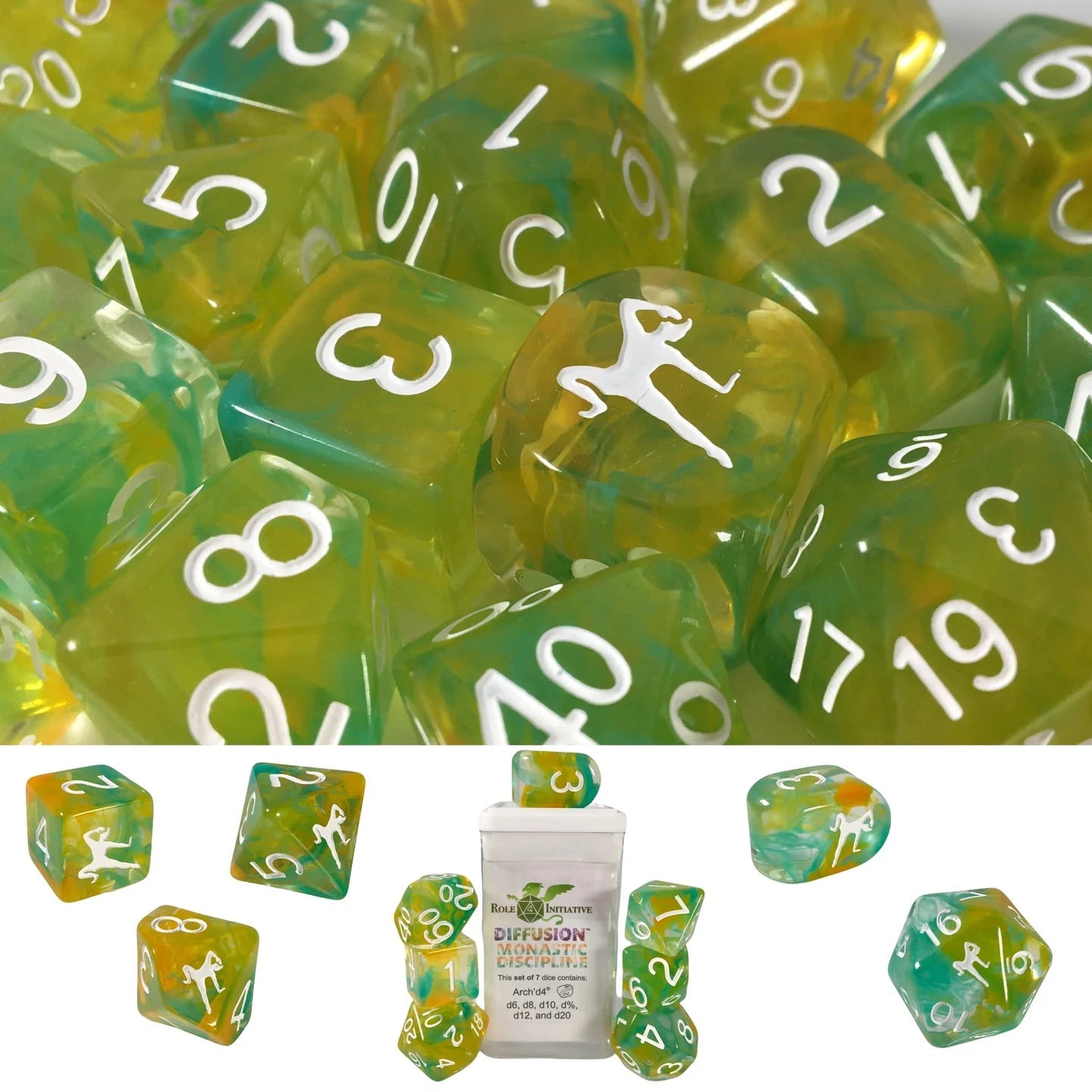Set of 7 dice w/Arch'd4: Monastic Discipline w/ symbol - The Fourth Place