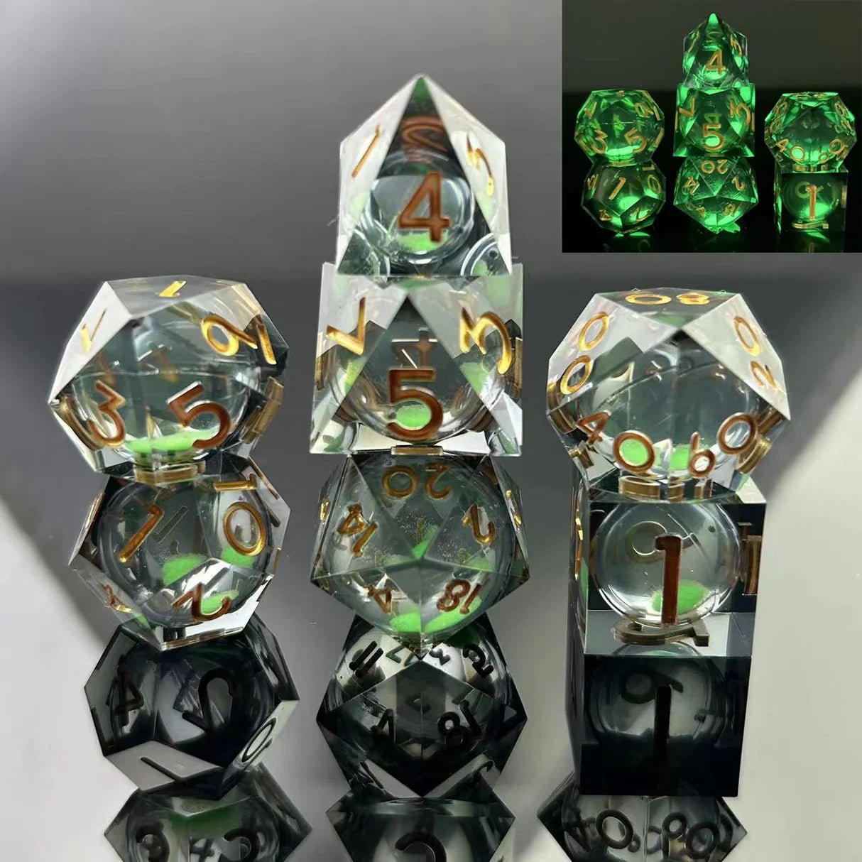 Sharp Edge Glow in the Dark Liquid Core RPG Dice Set - Green Mist - The Fourth Place