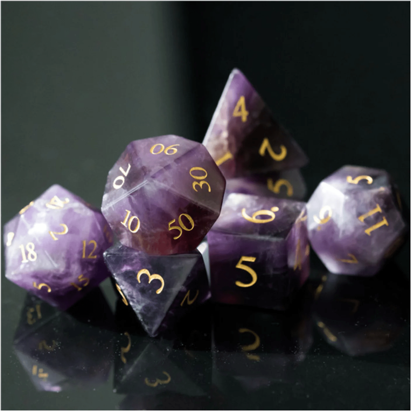Amethyst - Gemstone RPG Dice Set Engraved with Gold - The Fourth Place