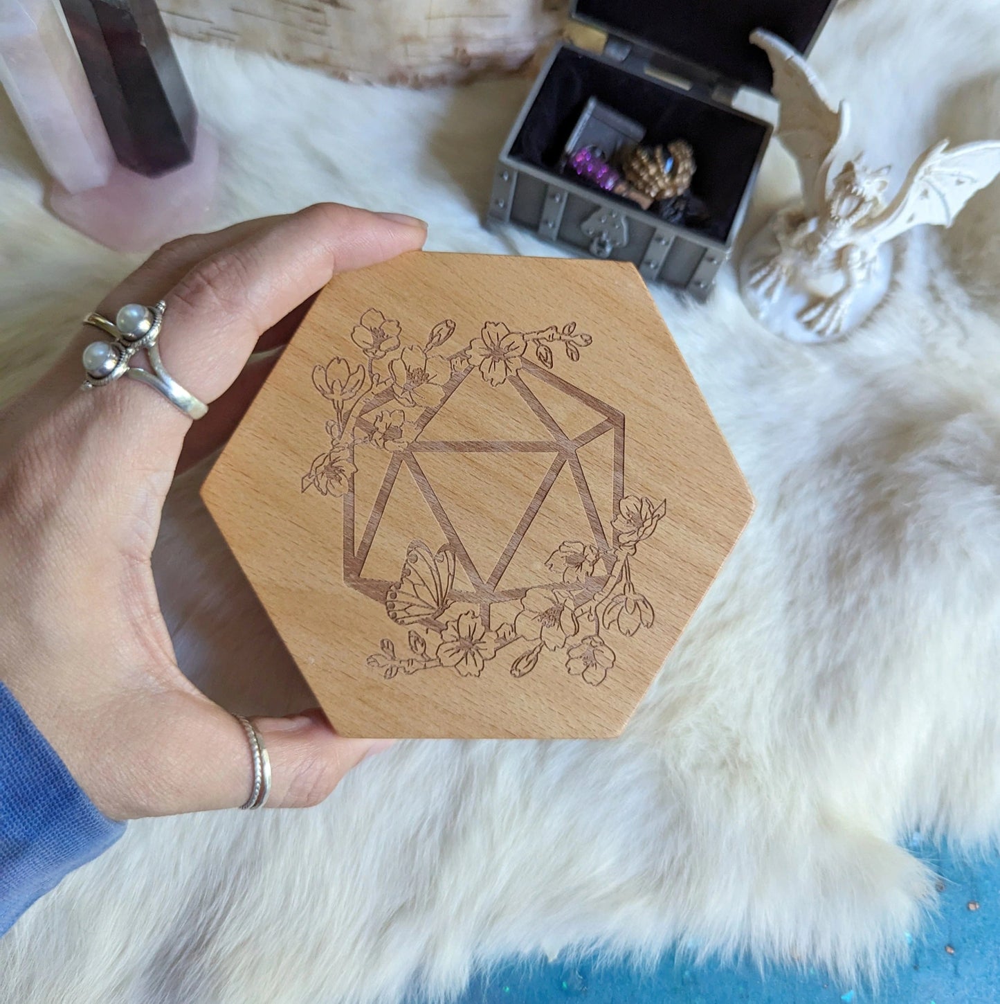 Cherry Blossom Hexagonal Wood Dice Box - Beech Wood - The Fourth Place