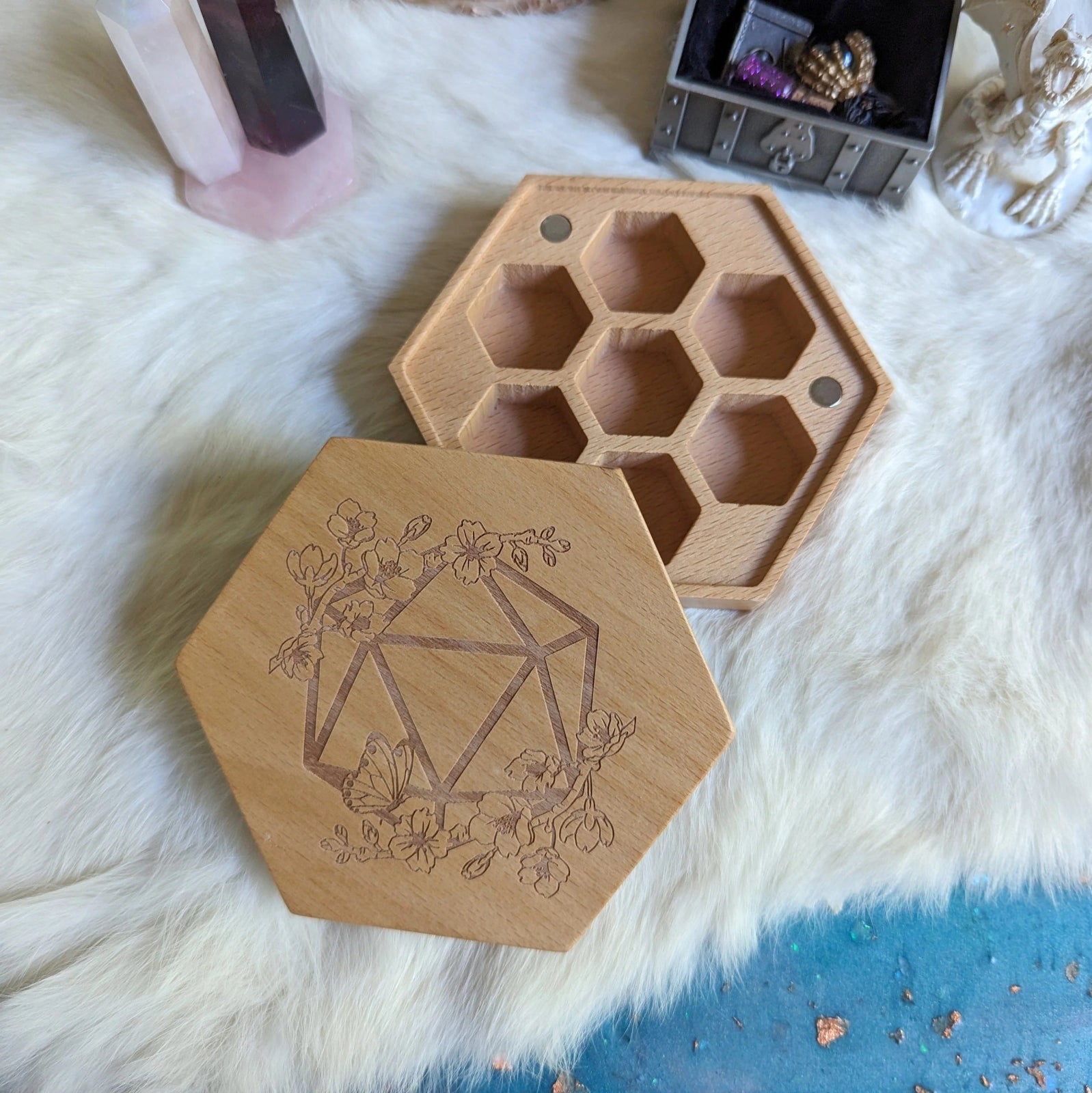 Cherry Blossom Hexagonal Wood Dice Box - Beech Wood - The Fourth Place