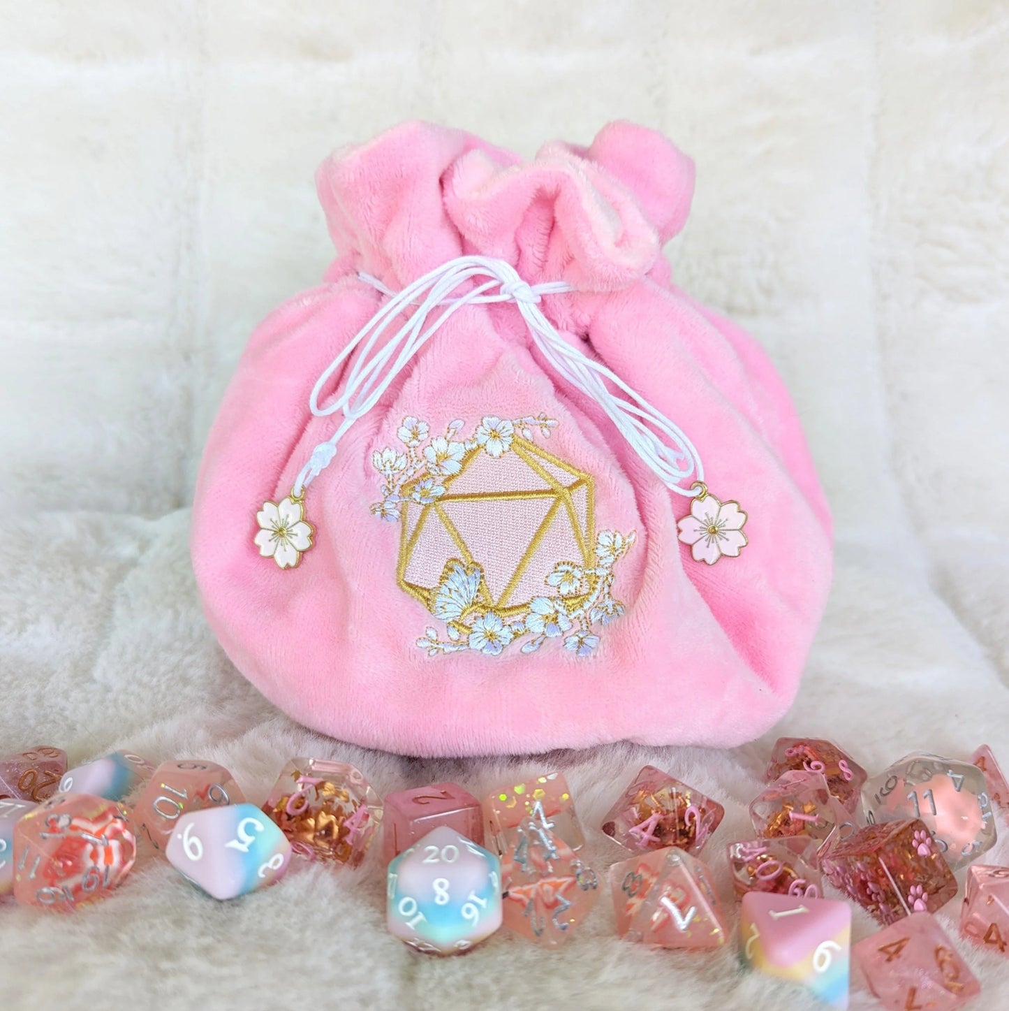 Cherry Blossom multi-pocket large dice bag (pink/gold/white) - The Fourth Place