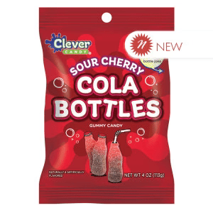 CLEVER CANDY SOUR CHERRY COLA BOTTLES 4 OZ PEG BAG - The Fourth Place