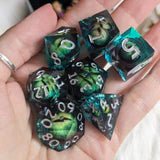 Dark Green Moving Eye with Silver Font - 7 Piece Dice Set (Sharp Edge, Liquid Core) - The Fourth Place