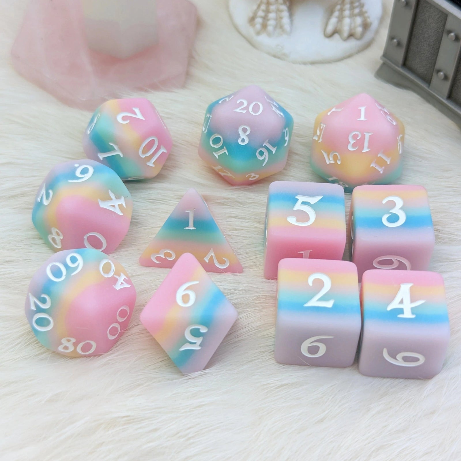 Dazed and Dreamy - 10 piece d10 dice set (pastel rainbow with white) - The Fourth Place