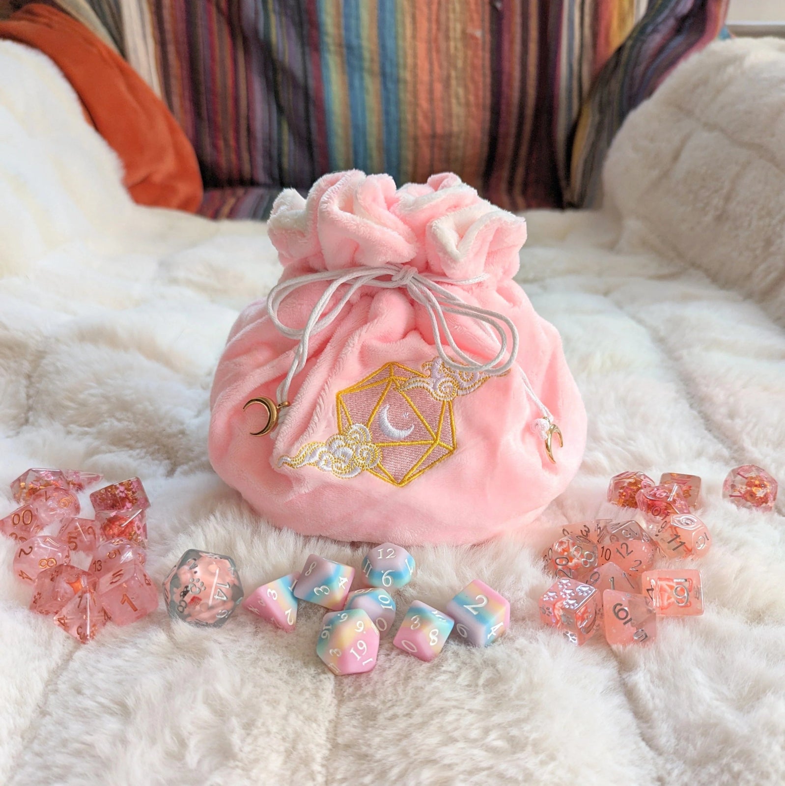 Dreamy multi-pocket large dice bag (pink/white/gold) - The Fourth Place