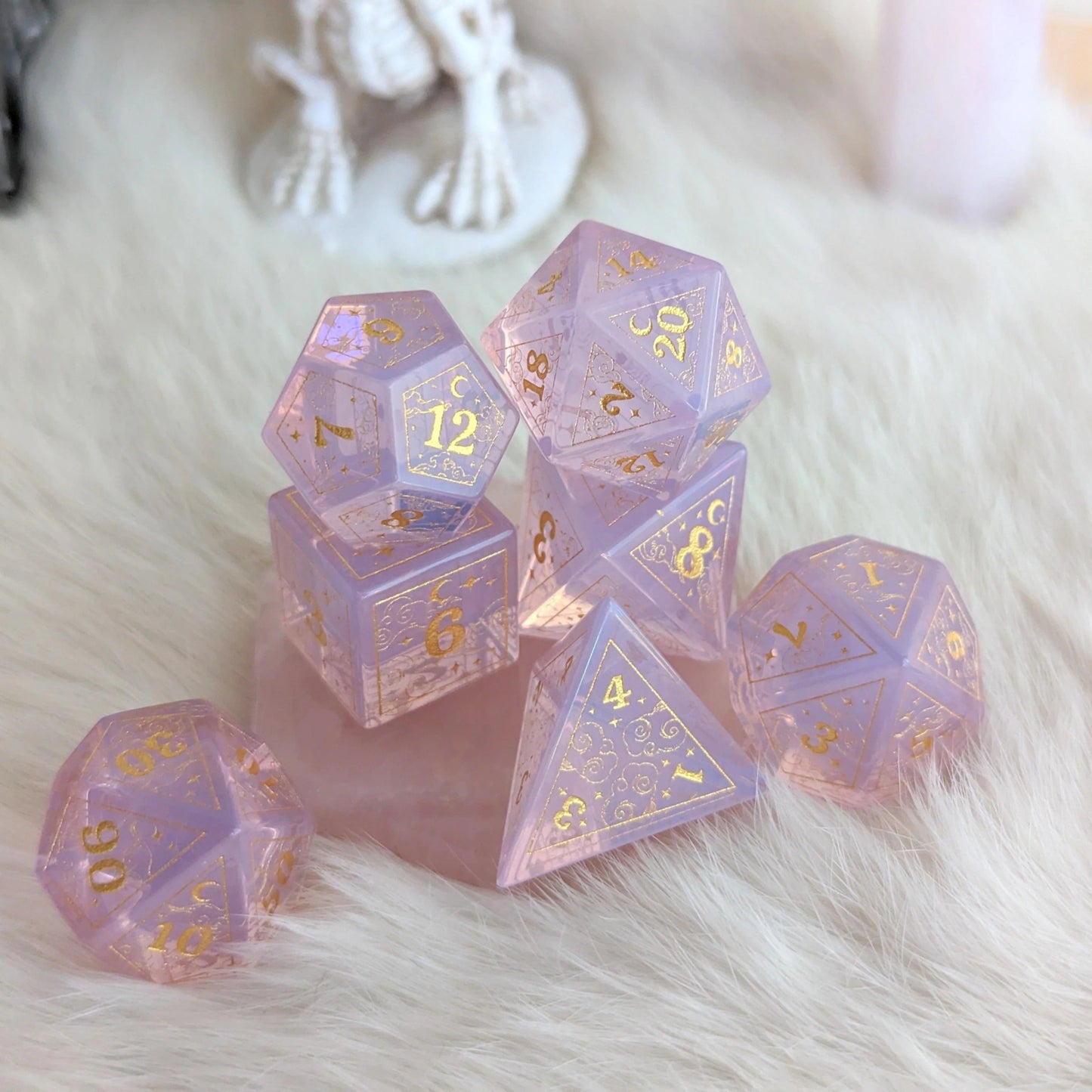 Dreamy Purple Opalite Gemstone Dice - 7 Dice Set (Gold Engraving) - The Fourth Place