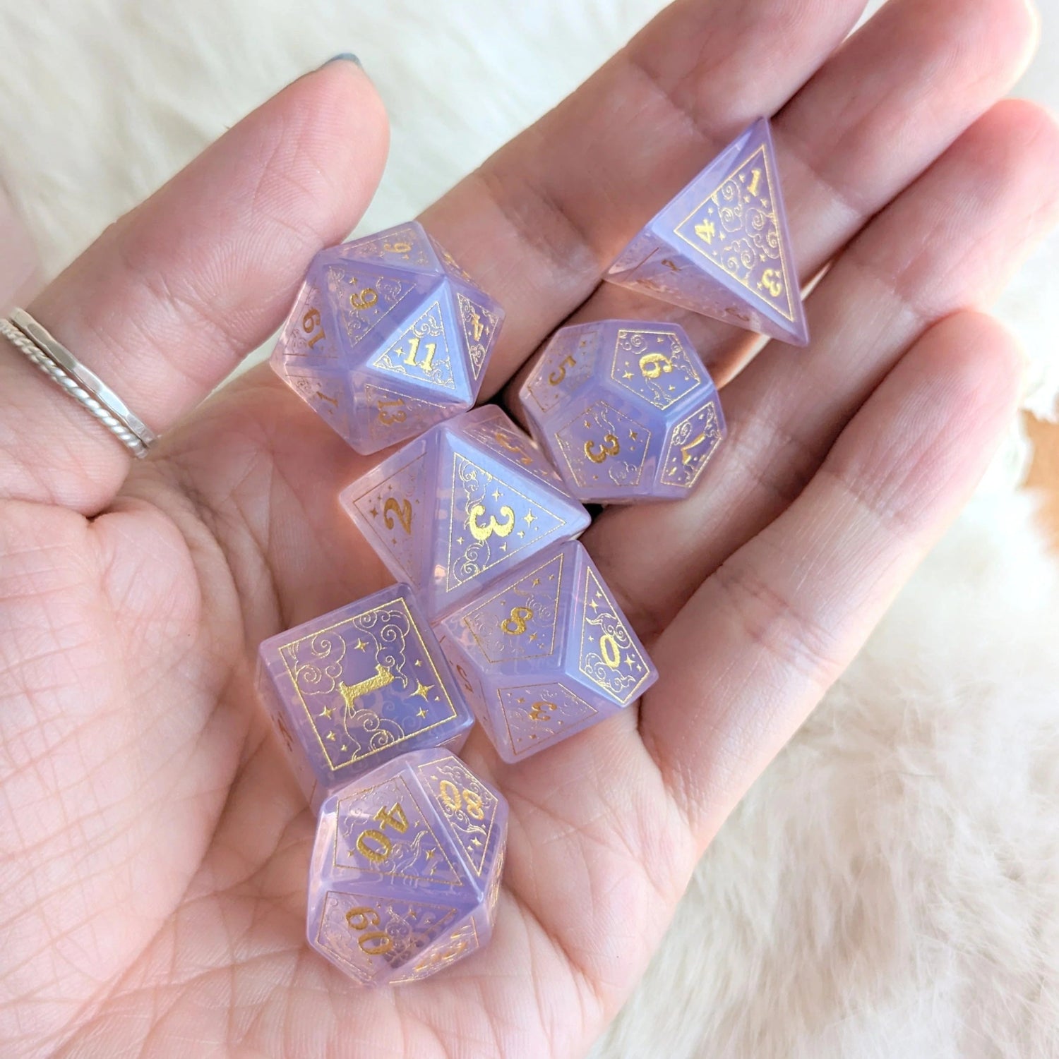 Dreamy Purple Opalite Gemstone Dice - 7 Dice Set (Gold Engraving) - The Fourth Place
