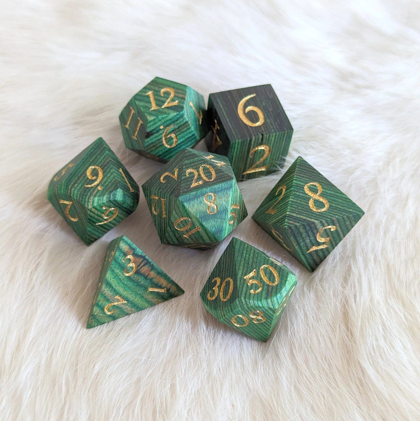 Emerald Green Stripe Wood Dice Set - 7 piece sharp-edge real wood dice set - The Fourth Place