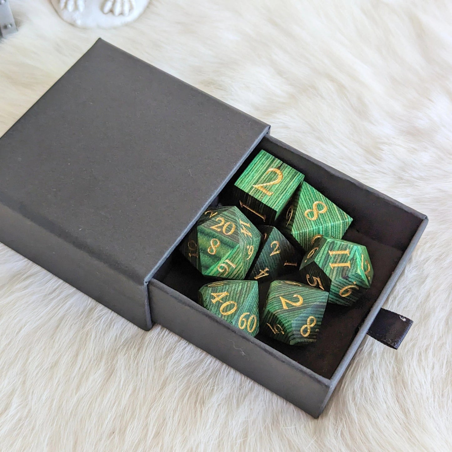 Emerald Green Stripe Wood Dice Set - 7 piece sharp-edge real wood dice set - The Fourth Place
