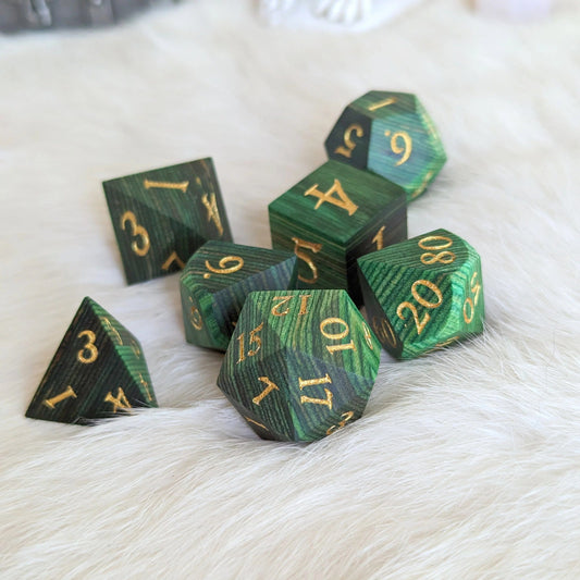 Emerald Green Stripe Wood Dice Set - 7 piece sharp-edge real wood dice set - The Fourth Place