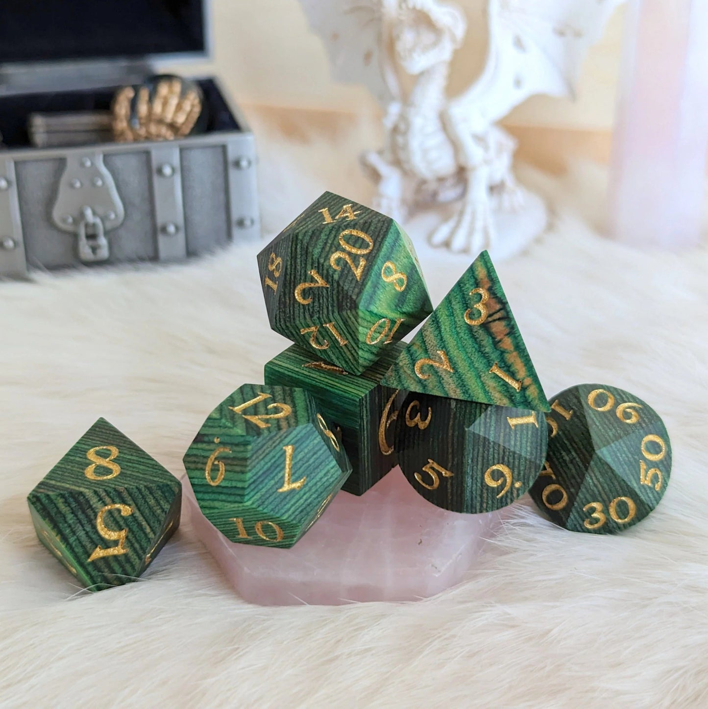 Emerald Green Stripe Wood Dice Set - 7 piece sharp-edge real wood dice set - The Fourth Place