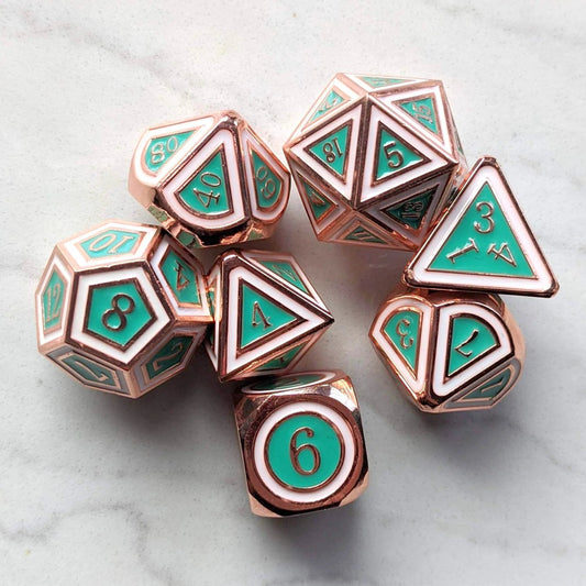 Eternal Metal Dice (Copper Plated Green and White) - 7 Piece Set - The Fourth Place