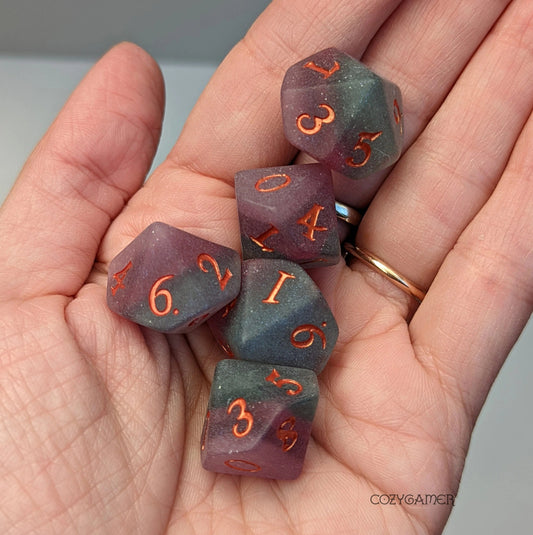 Fluorite - 10 piece d10 dice set (purple/green with copper) - The Fourth Place