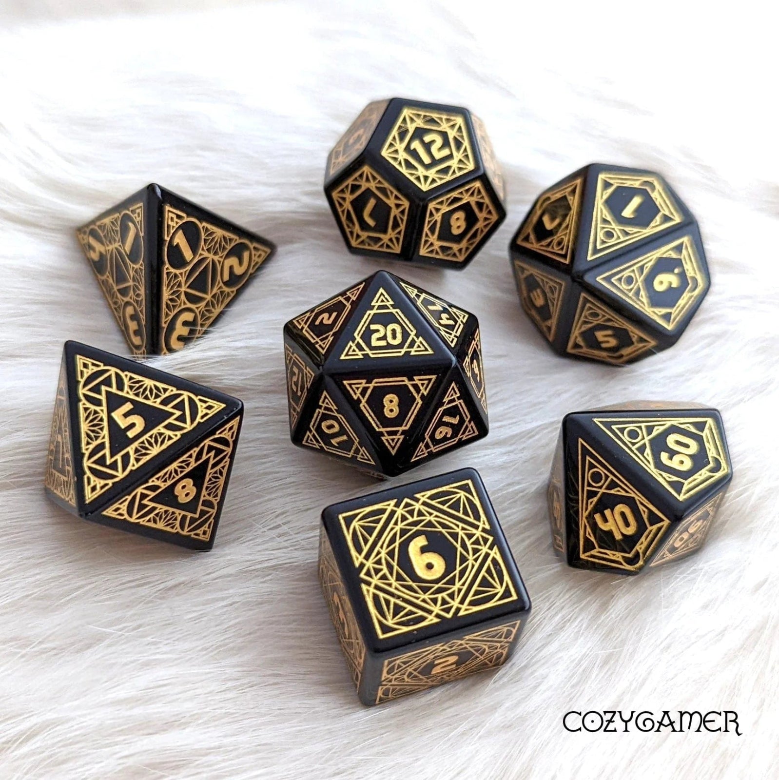 Geometric Obsidian - 7 Dice Set (Real Gemstone) - The Fourth Place