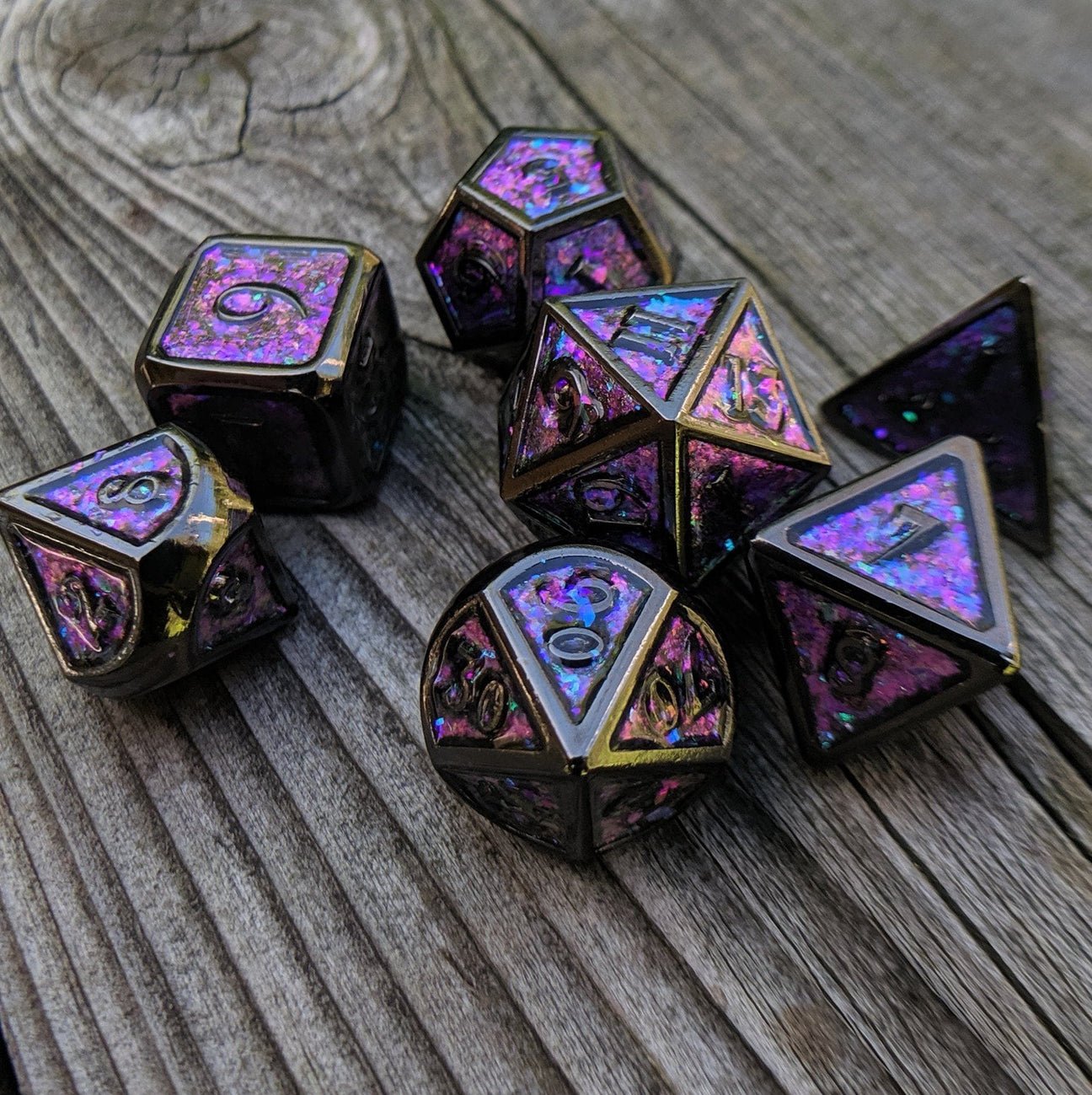 Glittering Blue and Purple Metal Dice Set with Black Trim - The Fourth Place