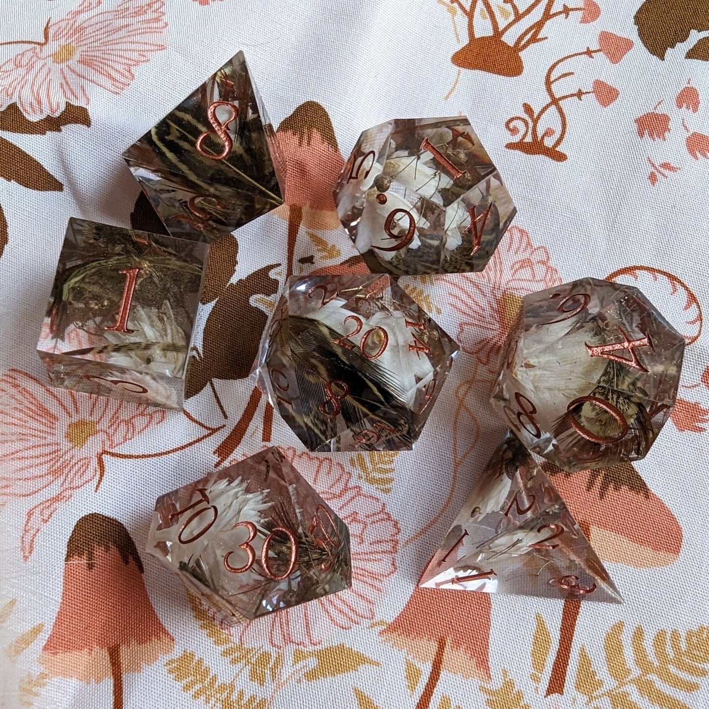 Gold Dust Flowers - 7 Dice Set (Sharp Edges, Copper Lettering) - The Fourth Place
