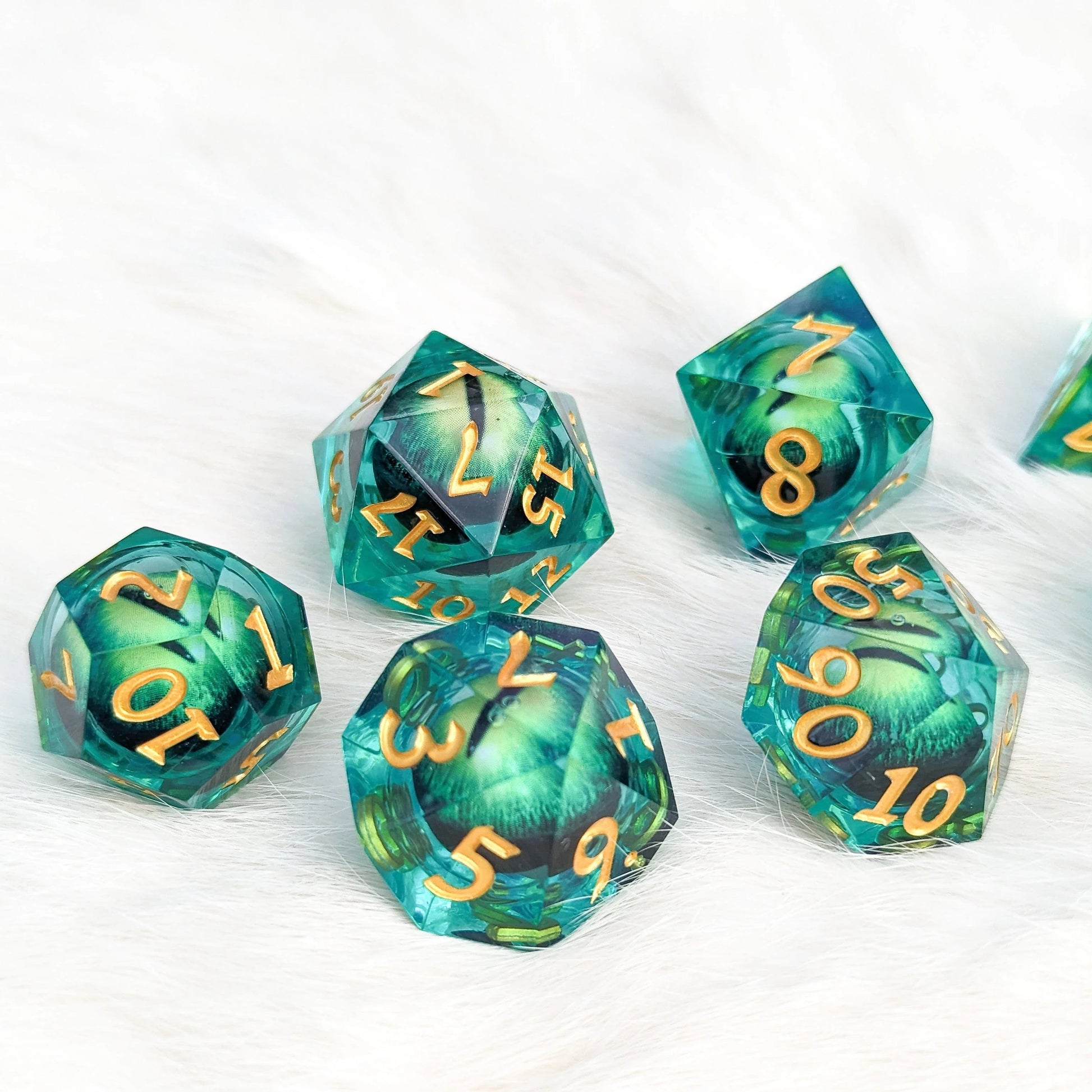Green Moving Eye - 7 Piece Dice Set (Sharp Edge, Liquid Core) - The Fourth Place
