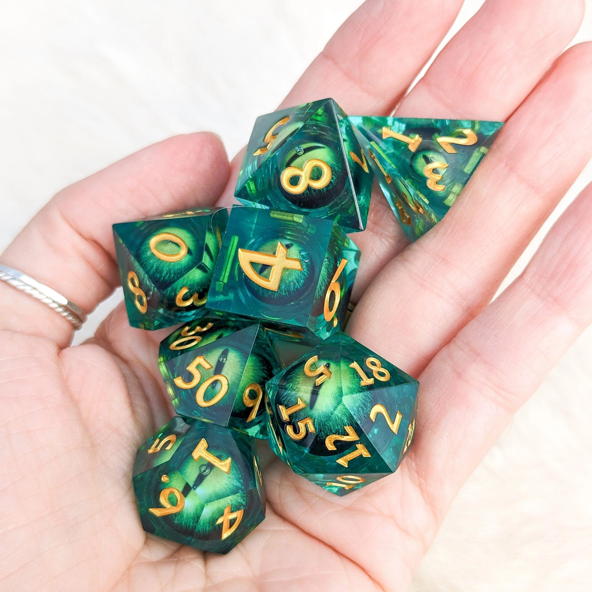 Green Moving Eye - 7 Piece Dice Set (Sharp Edge, Liquid Core) - The Fourth Place