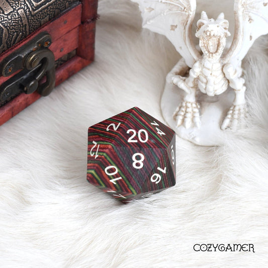 Large Wood D20 Wooden Die (Bright Rainbow Stripes) - The Fourth Place