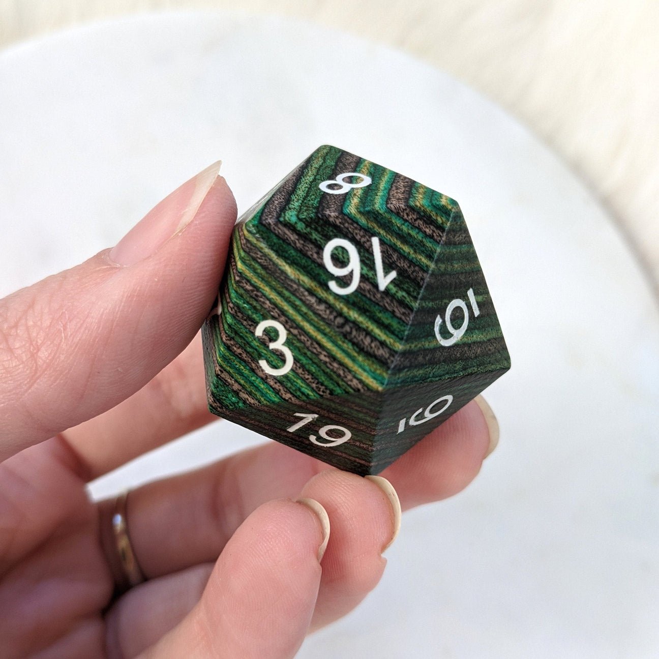 Large Wood D20 Wooden Die (Green and Brown) - The Fourth Place