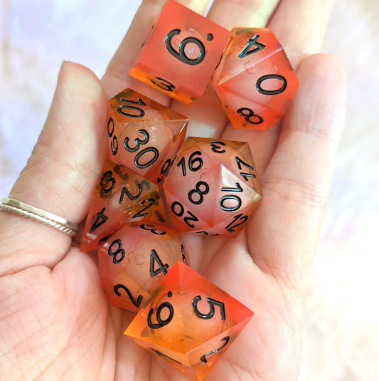 Liquid Fire - Set of 7 Liquid Core dice (Sharp Edges) - The Fourth Place