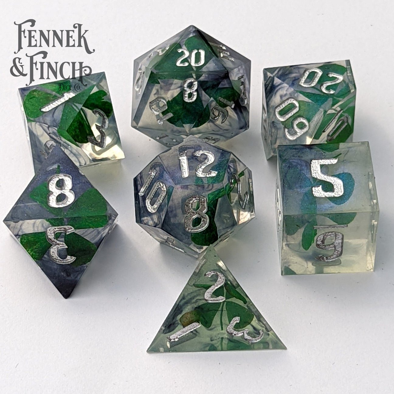 Lucky Clover (blue glitter mist) - 7 piece sharp-edge dice set with brown leather case - The Fourth Place