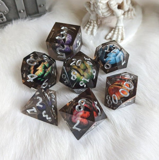 Many Eyes, Moving Eye Liquid Core Sharp Edge Resin DnD Dice Set - The Fourth Place