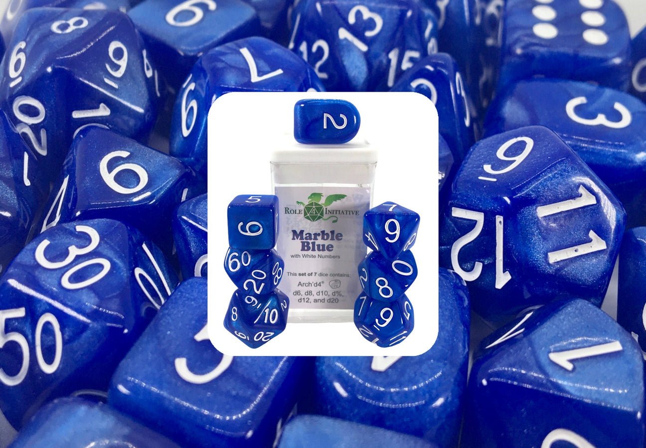 Marble Blue Dice - 7 dice set (with Arch’d4™) - The Fourth Place