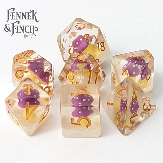 Mushroom Cloud (tiny purple amanita) - 7 piece dice set - The Fourth Place