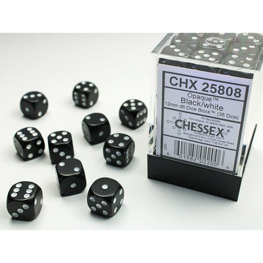Opaque 12mm 36 d6 Black/White Dice Block™ (36 dice with pips) - The Fourth Place