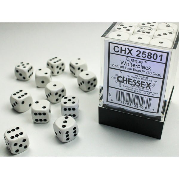 Opaque 12mm 36 d6 White/Black Dice Block™ (36 dice with pips) - The Fourth Place