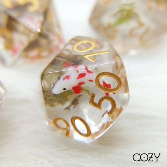 Orange Koi Fish and Moss - 7 Dice Set - The Fourth Place