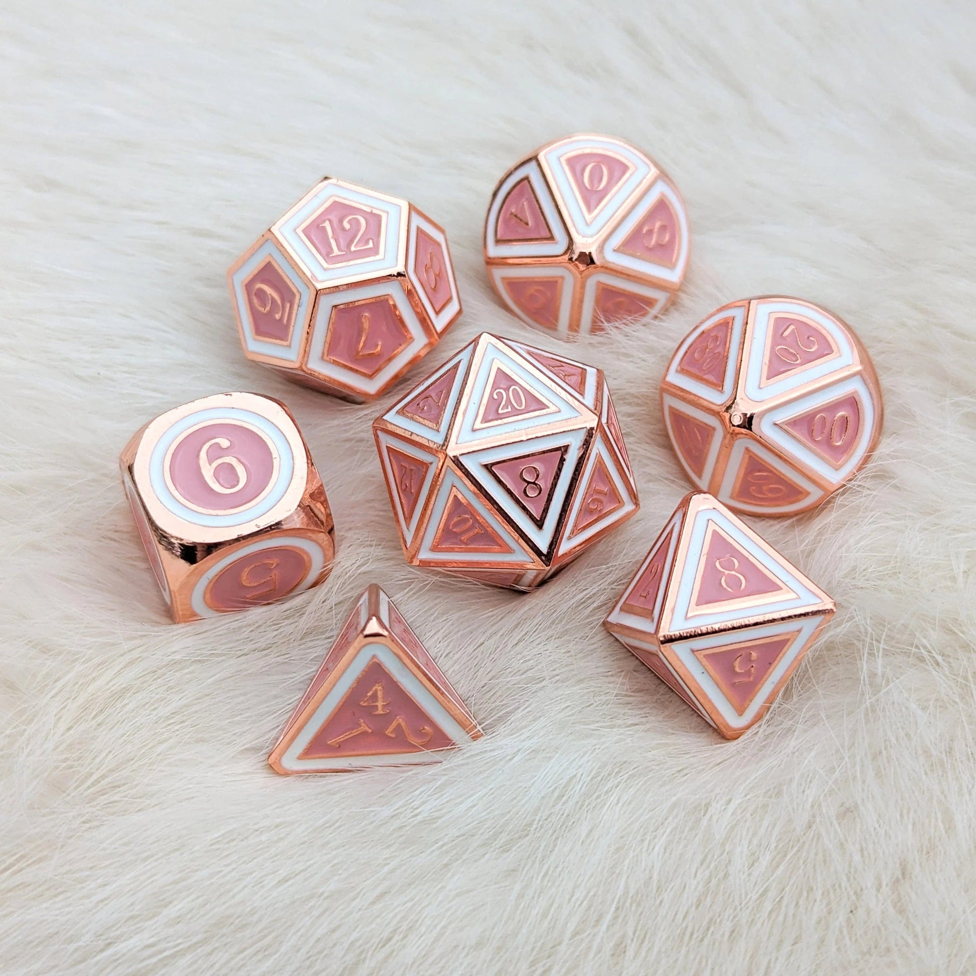 Ostara Metal Dice (Copper Plated Pink and White) - 7 Piece Set - The Fourth Place