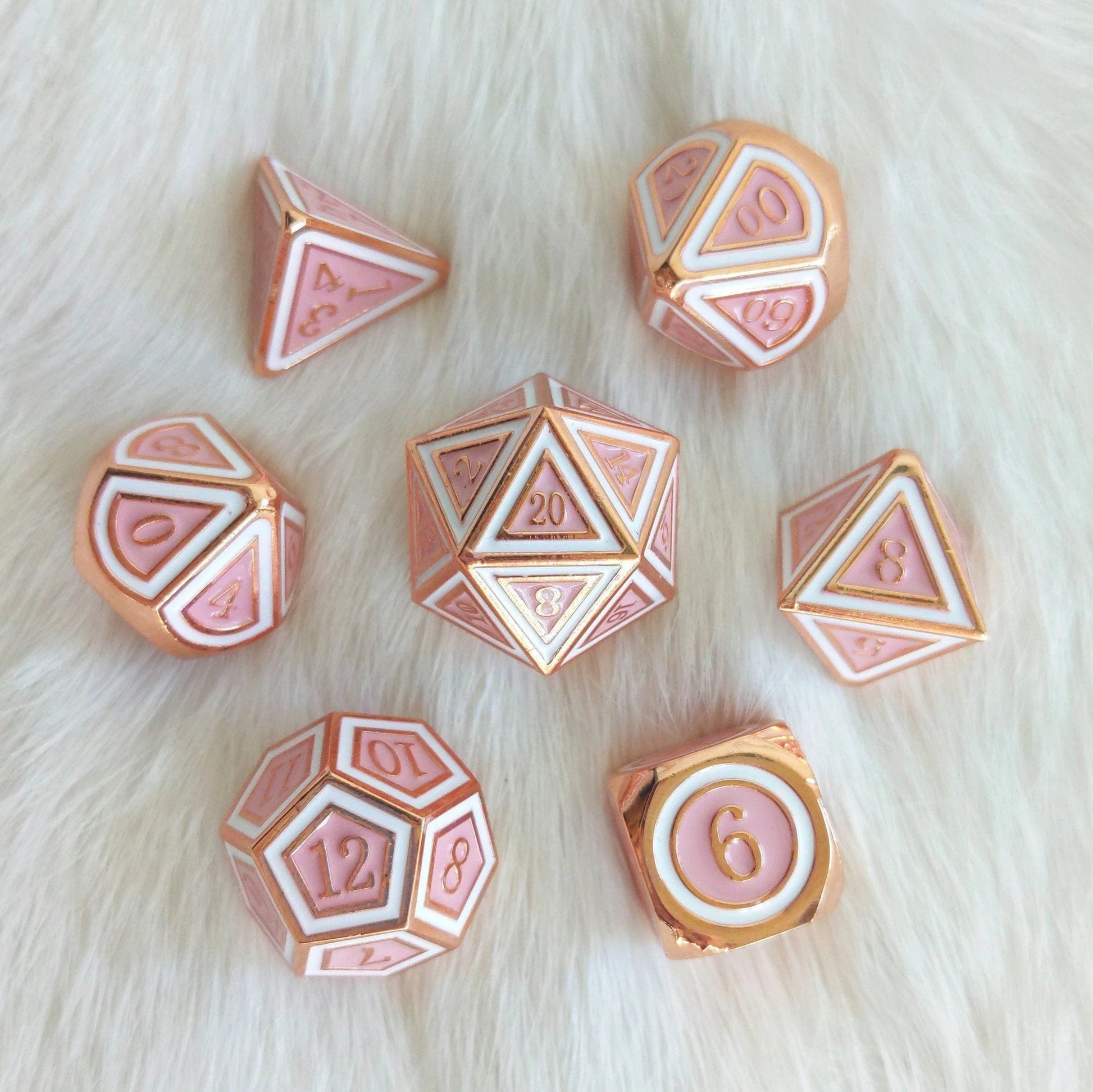 Ostara Metal Dice (Copper Plated Pink and White) - 7 Piece Set - The Fourth Place