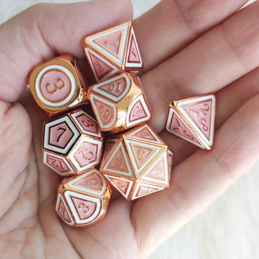 Ostara Metal Dice (Copper Plated Pink and White) - 7 Piece Set - The Fourth Place