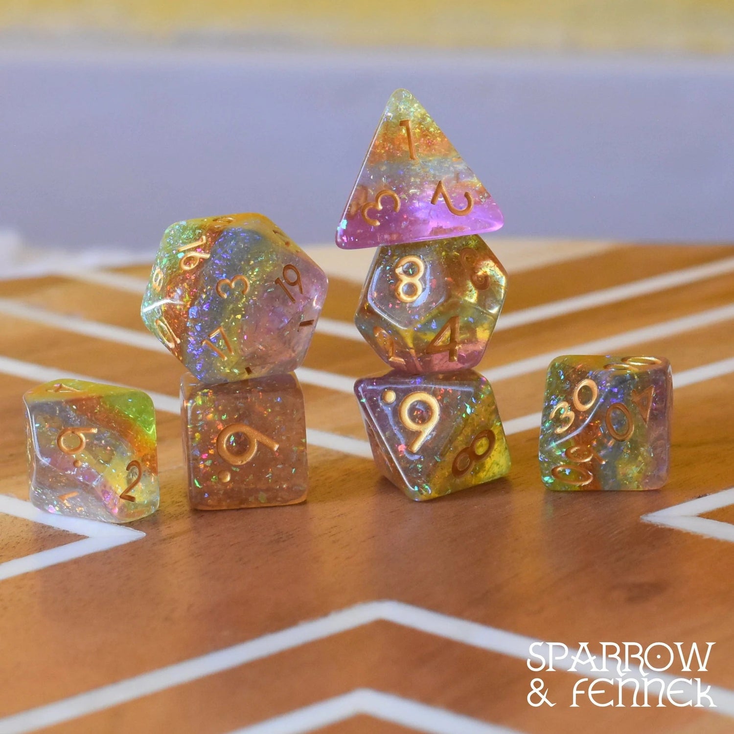 Rainbow Catcher Dice - 7 Piece Set (Translucent Rainbow with Glitter) - The Fourth Place